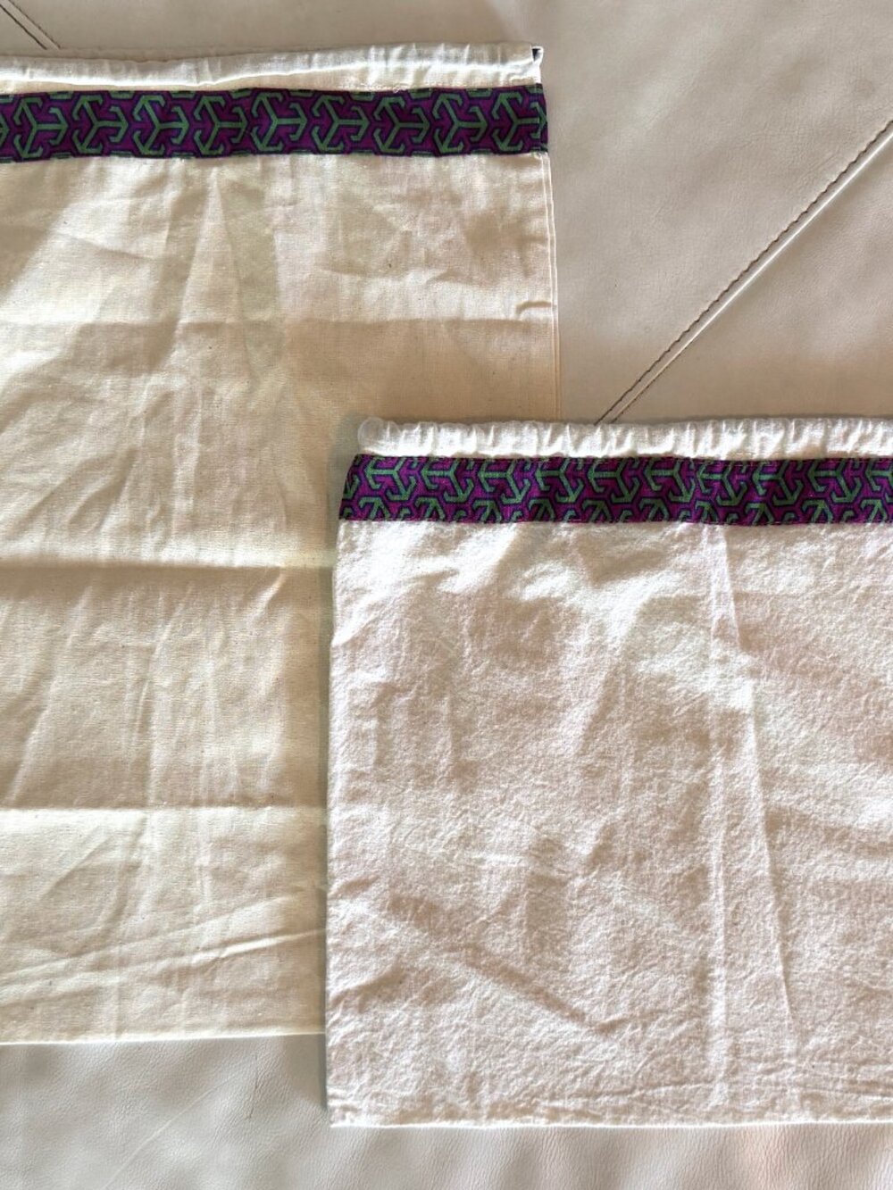 Tory Burch Set of 2 Canvas Dust Bags Drawstring Cream Purple Green Trim Gold Cha